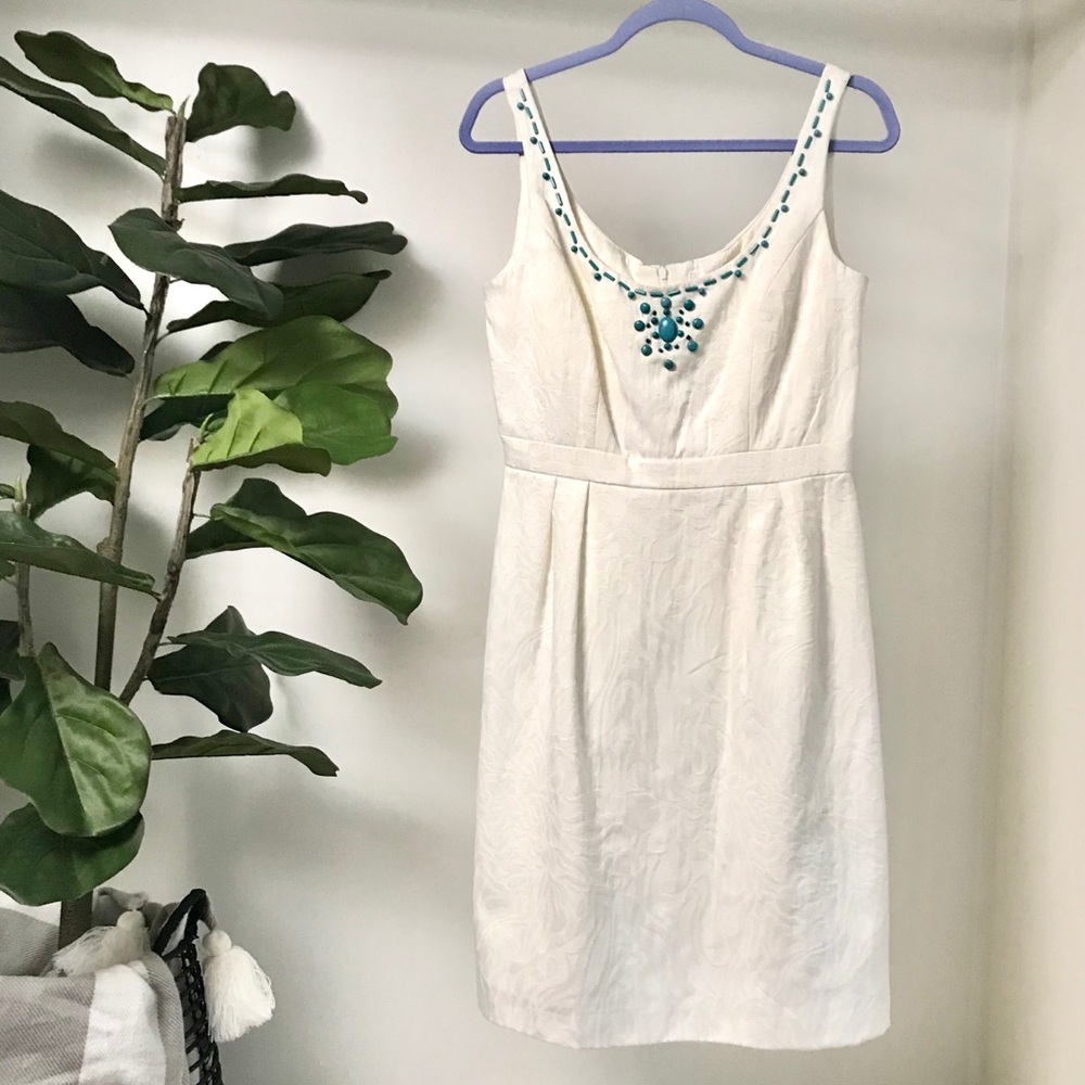 Studio I Damask Holiday Party Vacation Chic White‎ Mini Dress Turquoise Dress